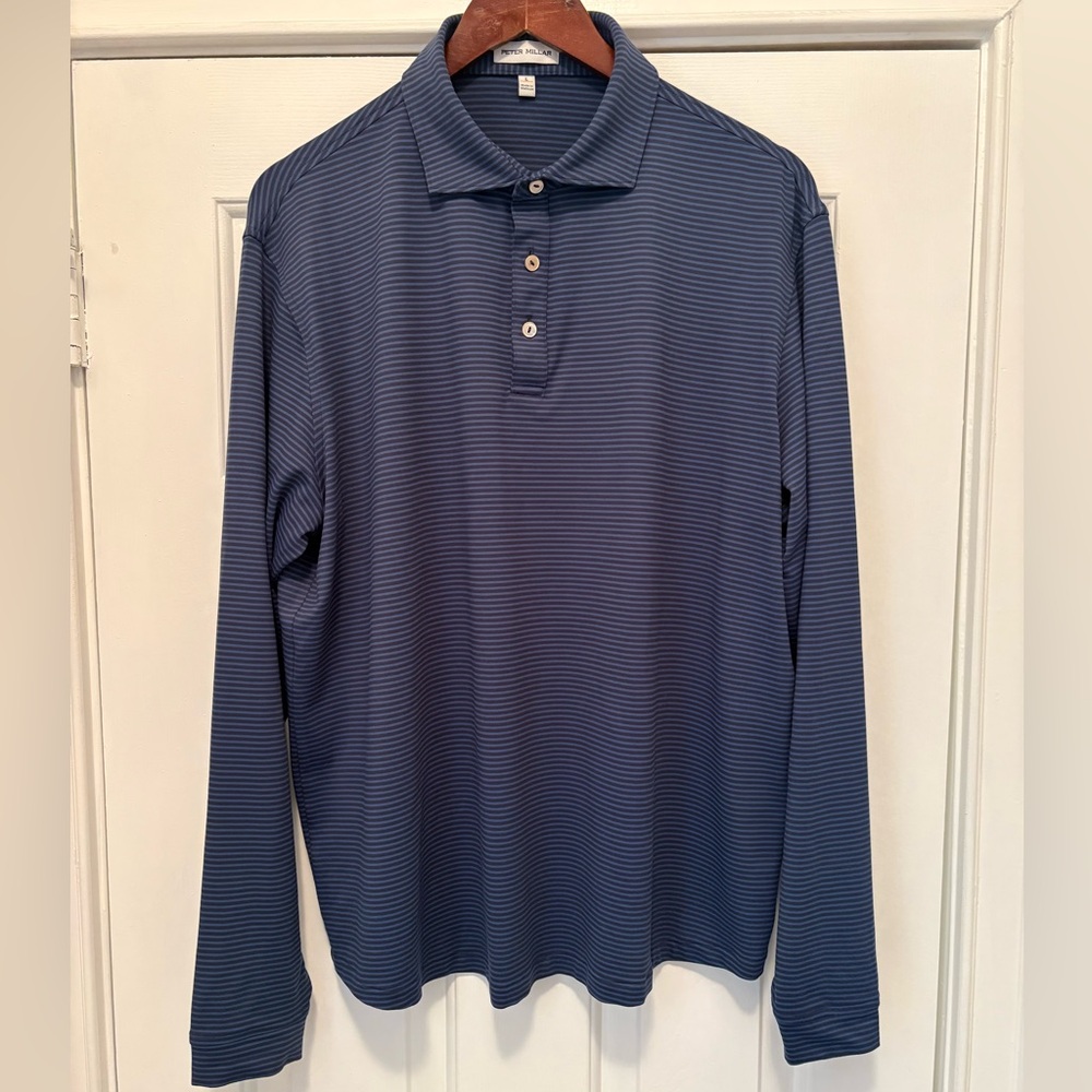 Peter Millar Astral Blue Lyons Performance Long Sleeve Polo - L